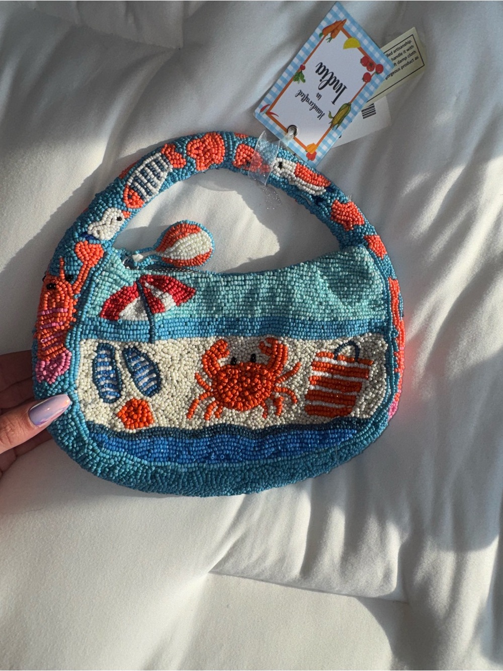 Crab at the Beach Beaded Handbag Handmade in India New with Tags
